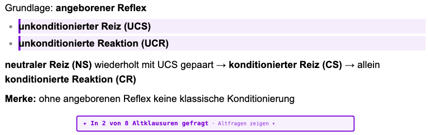 Kreuzfee markiert die wichtigen Stellen auf einer Anki-Karte violett und zeigt, in wie vielen Altklausuren sie gefragt wurden.